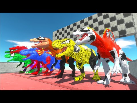4 Spinosaurus vs 3 T-rex Superheroes Speed Race Championship Hunting Found Jurassic world evolution