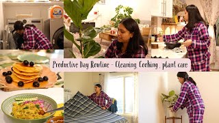 Productive Holiday Routine - Cooking, Cleaning, Plant Care - Cozy warm Vlog (Veg Pulao / Pancake)
