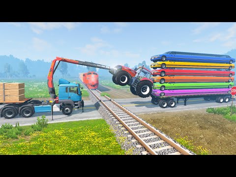 Flatbed Tractor Rescue Super Long Cars From Dangerous Train - Cars vs Train and Rail BeamNG