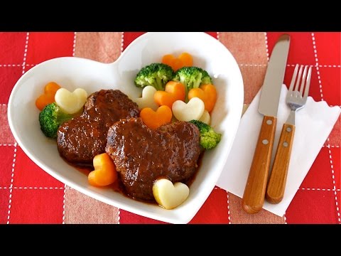 Heart-Shaped Simmered Hamburger Steak (Hambagu Recipe) ハートいっぱい♡煮込みハンバーグの作り方 - OCHIKERON