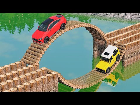 Cars vs 2 Log Bridges and Deep Water – BeamNG.Drive