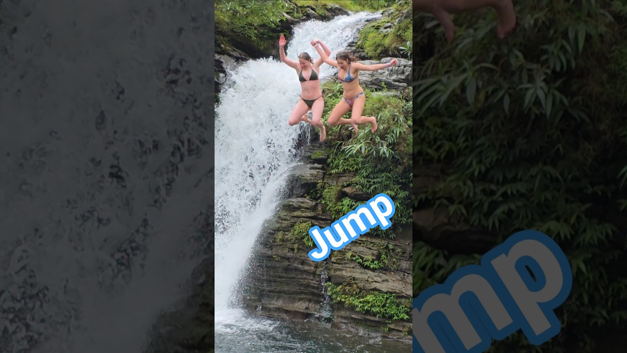 Great jump - beautiful girls diving to explore waterfalls #waterfall #travel