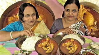 two sister eating favourite Bengali food | rice and spicy mutton meat curry with gravy |chutney doi