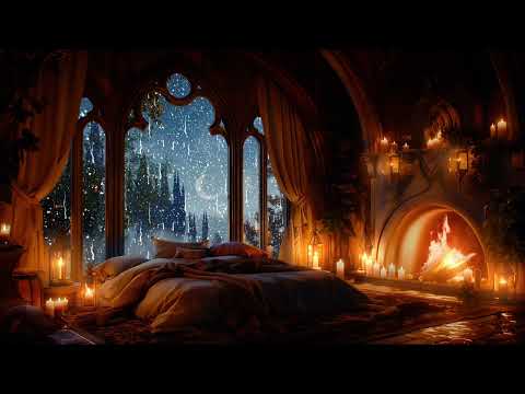 Cozy Castle Room Haven - Thunderstorm, Fireplace & Rain Sounds Therapy