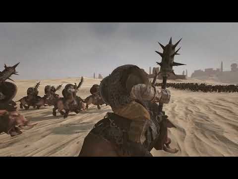 Bretonnian Knights and Orc Boar Horde face off on desert - Total War Warhammer