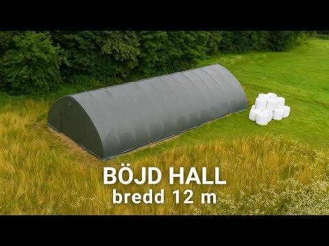 Bågformad tältbyggnad för höbalar – snabb montering, olika längder, skyddar skörden året runt. SV