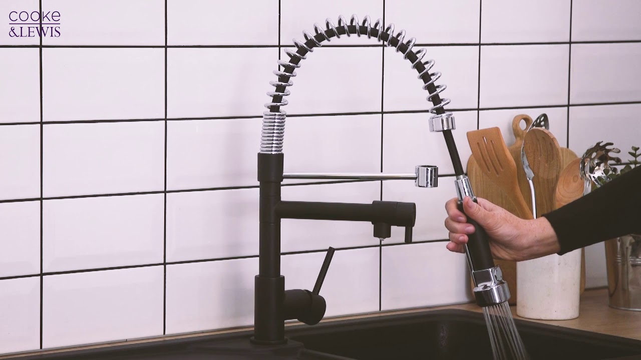 COOKE AND LEWIS 19C PULL-OUT SPRAY DUAL-SPOUT MONO MIXER KITCHEN TAP CHROME & BLACK | Screwfix