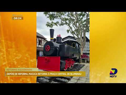 Locomotiva 'Macuca' retorna à praça central e ganha posição de destaque na cidade de Blumenau