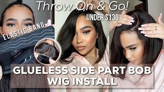 THROW ON & GO | AFFORDABLE ELASTIC BAND SIDE PART BOB WIG INSTALL + TUTORIAL | QVR Hair Review