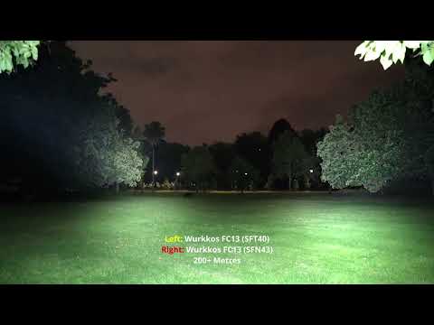 Flashlight beamshot comparison: Wurkkos FC13 (SFT40) vs FC13 (SFN43) - flood vs throw.