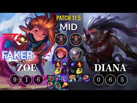 T1 Faker Zoe vs Diana Mid - KR Patch 11.5
