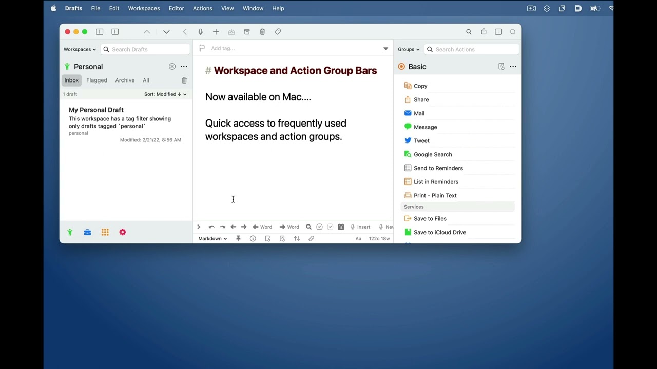 Drafts 31: Workspace and Action Group Bars on Mac