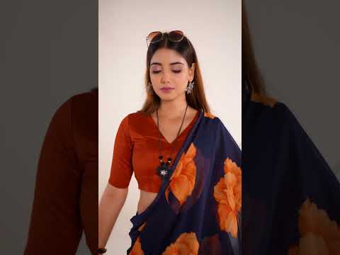 Navy Blue Elegant Chiffon Saree with Floral Print & Lace Border – Unstitched Banglory Blouse