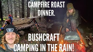 48 Hours Bushcraft Wild Camping In The Rain. Cooking A Campfire Roast Dinner, Building Forest Beds.