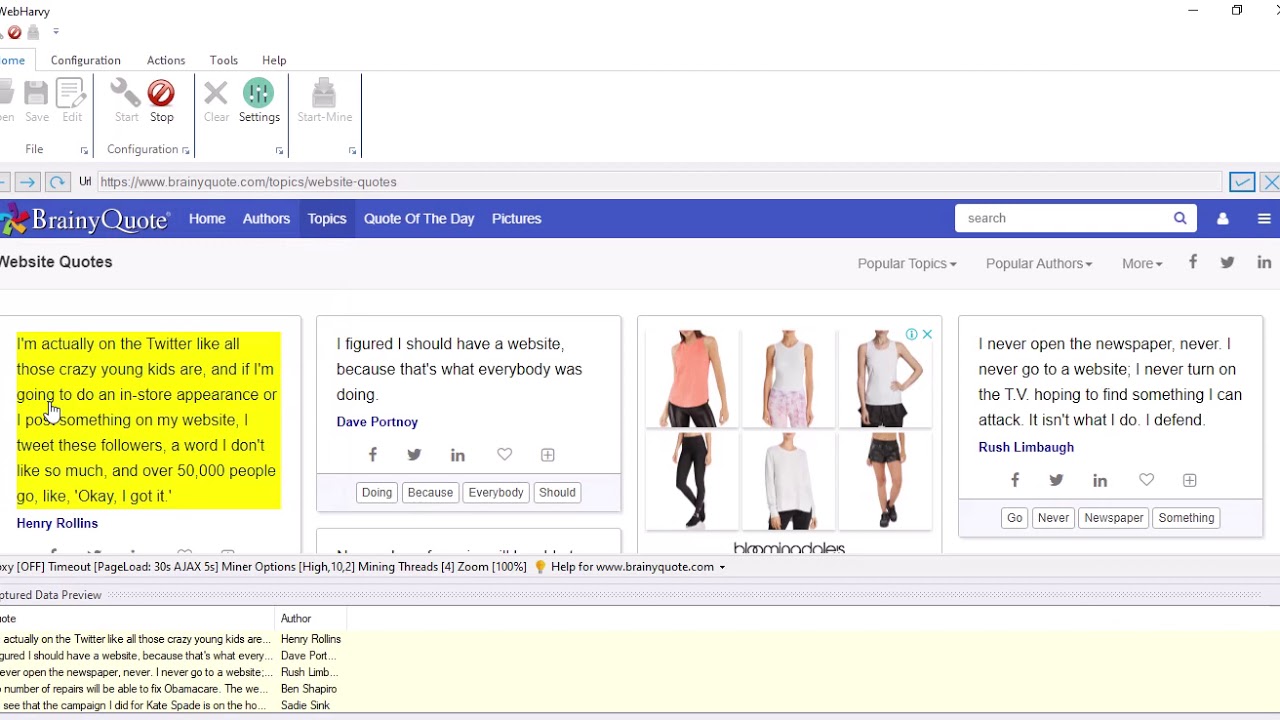 Scraping quotes from brainyquote.com using WebHarvy