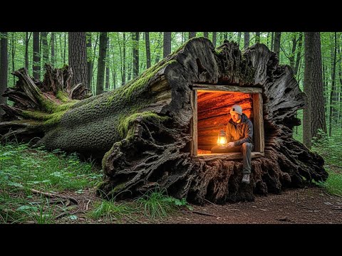 Building a Secret Shelter Inside a Giant Tree Trunk - No Tools, No Help / From Start to Finish