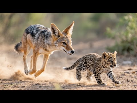 Jackal's Stealthy Strike on Young Leopard!