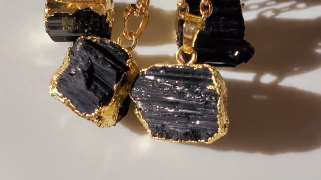 Inky Raw Black Tourmaline Pendant Necklace in Yellow Gold Plating | Crystal Healing
