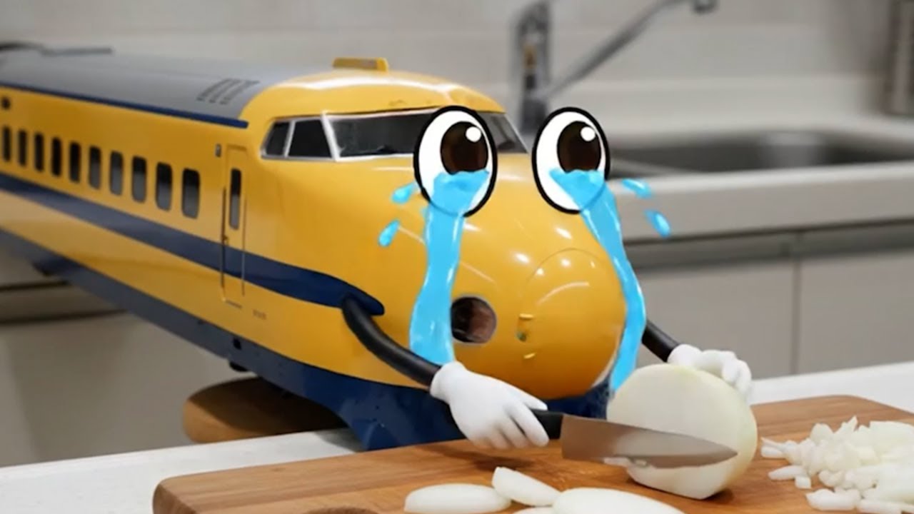 新幹線のイエローポポがハンバーグをつくる  |  新幹線を変身 | こまいち天狗  | 踏切カンカンとAI不思議動画【３本立て】【踏切 アニメ＆学べる】