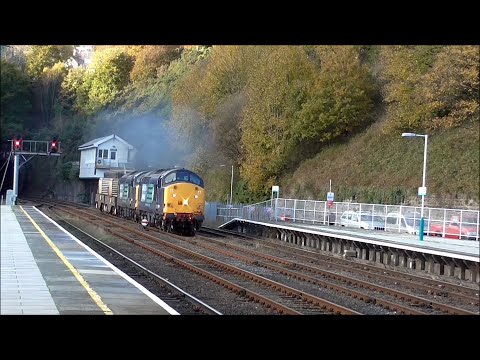 DRS Class 37s at Bangor on nuclear flasks; Arriva Class 175s. 19-11-2013.
