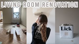 LIVING ROOM RENOVATION PART ONE | painting and laying herringbone flooring