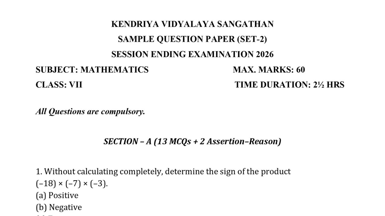 Class-7 Maths / Annual Exam 2026 Question Paper Session Ending Exam PM SHRI KENDRIYA VIDYALAYA Term2