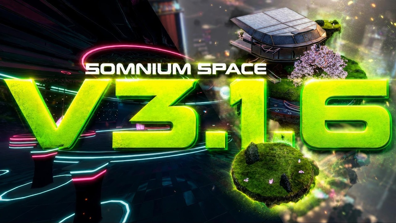 Somnium Space v3.1.6 update card showing floating island worlds and neon environments