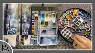 WATERCOLOR landscape spatter painting - brush prep & palette setup - 274