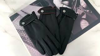 Warm Lining Mens Black Leather Gloves with Strap - M200641