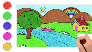 How to Draw Simple Landscape Picture🏘️ | Easy Drawing And Coloring for Kids | HooplaKidz How To
