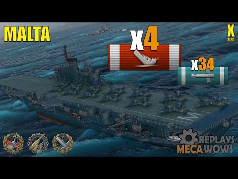 Aircraft Carrier Malta 4 Kills & 222k Damage | World of Warships Gameplay