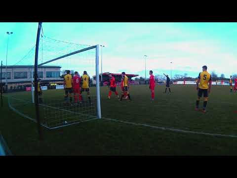 Frickley's Jameel Ible goes down on the goal line v Stamford 10 02 19