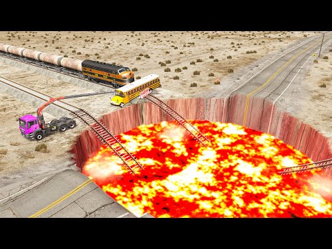 Trains vs Giant Pit Deep Lava - Cars vs Rails - BeamNG.Drive #2
