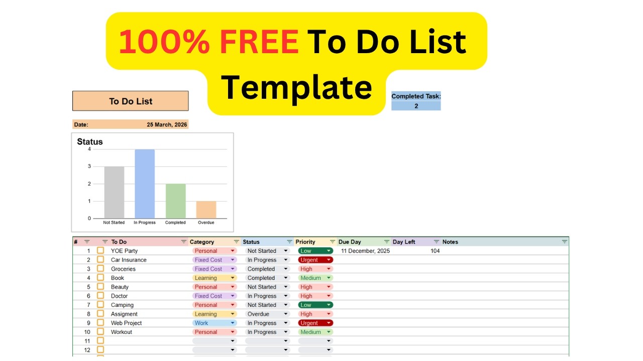 100% FREE Google Sheet Template - To Do List #excel #template #free #auto #google