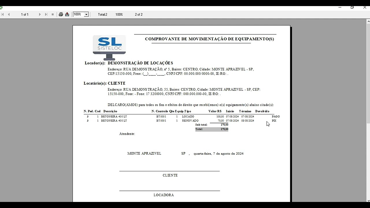 Locações de equipamentos com fatura, orçamento, controle financeiro e DRE