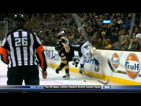 Johnny Boychuk with a pelvis-rupturing hipcheck on Nate Thompson