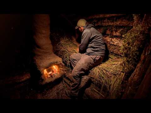 Building a Warm Log Cabin, with a clay stove. Cozy Shelter, Secret Dugout, Bushcraft, Survival