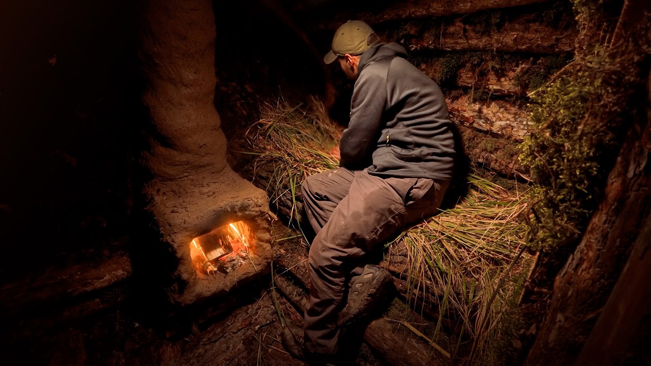Building a Warm Log Cabin, with a clay stove. Cozy Shelter, Secret Dugout, Bushcraft, Survival