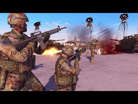 Monstrous TRIPODS Invade US Army AIRFIELD! - Men of War: War of the Worlds Mod Battle Simulator