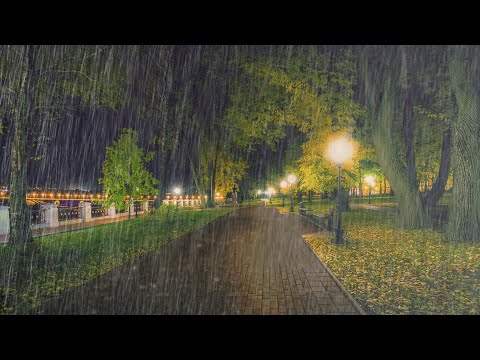 Schlafen Sie sofort mit starkem Regen und starken Donnergeräuschen im Park nachts ein