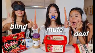 Download lagu HA SISTERS BLIND, DEAF, MUTE CHALLENGE!! *Spicy Korean Food* mp3