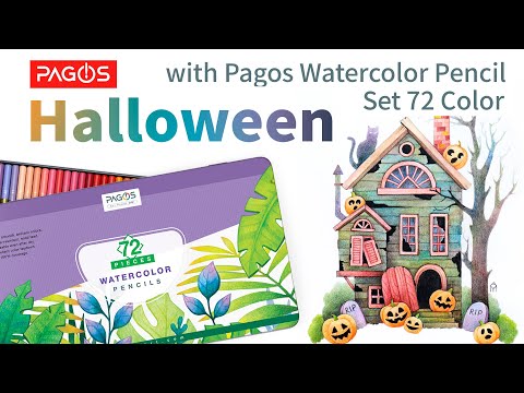 Halloween Painting with 72 Pieces Pagos Watercolor Pencils Set - Pencil Drawing Tutorial