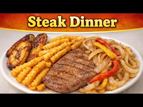 Seasoned Thin Steak with Air-Fried Plantains, Crispy Fries & Sautéed Peppered Onions