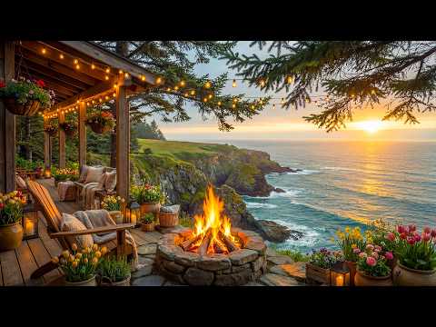 Relaxing Ocean Sunset Cabin Porch 🌊🔥 Gentle Wave Sounds & Cozy Fire Ambience for Sleep