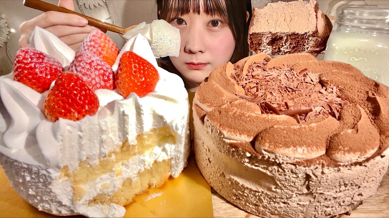 ASMR Strawberry Cake Chocolate Cake【Mukbang/ Eating Sounds】【English subtitles】