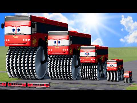 Big & Small Bus Lightning Mcqueen Double Monster Saw Wheels vs Trains | BeamNG.drive