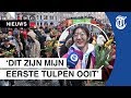 Megadrukte bij het tulpen plukken op de Dam