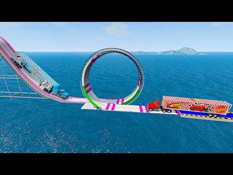 Mack truck vs Dinoco vs Impossible Log Wave Bridge Truck Car Rescue -Cars vs Deep Water-BeamNG.drive