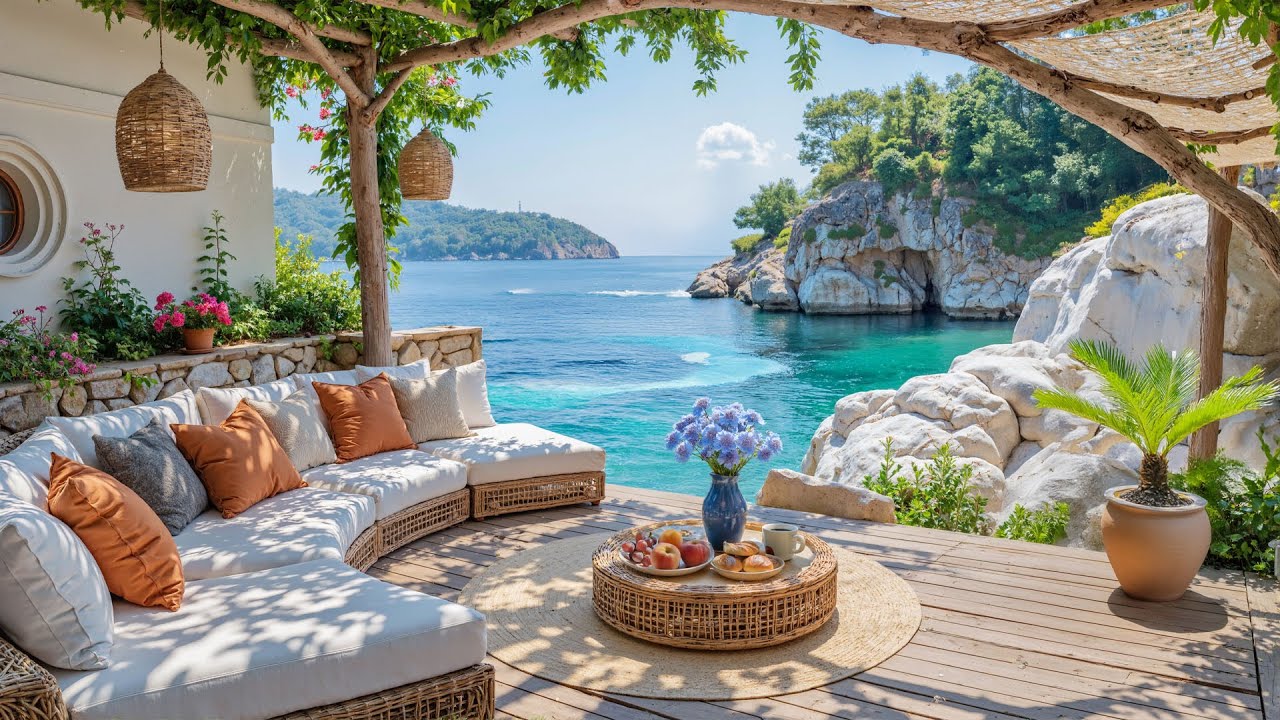 🌿 Tranquil Beachfront Terrace Café | Smooth Jazz Music & Ocean Mood for Morning Focus & Calm