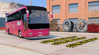 Trucks cars and bus Vs speed bumps large gutter and police blockade with spike strips BeamNG part 5